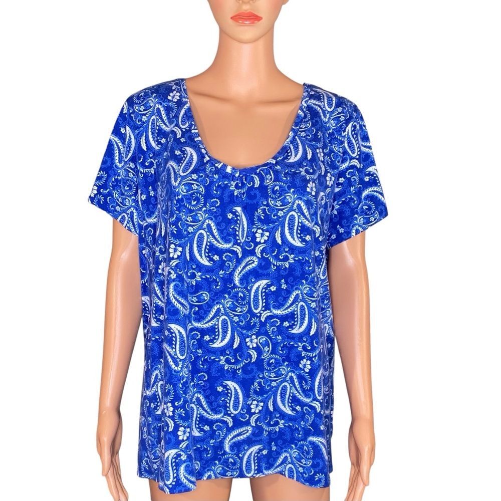 St. John's Bay Scoop Neck Blue Paisley Tee Womens Size 2X Short Sleeve